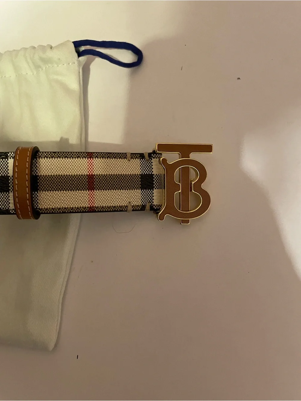 New authentic Burberry Beige Check TB Buckle Belt with Tan Leather